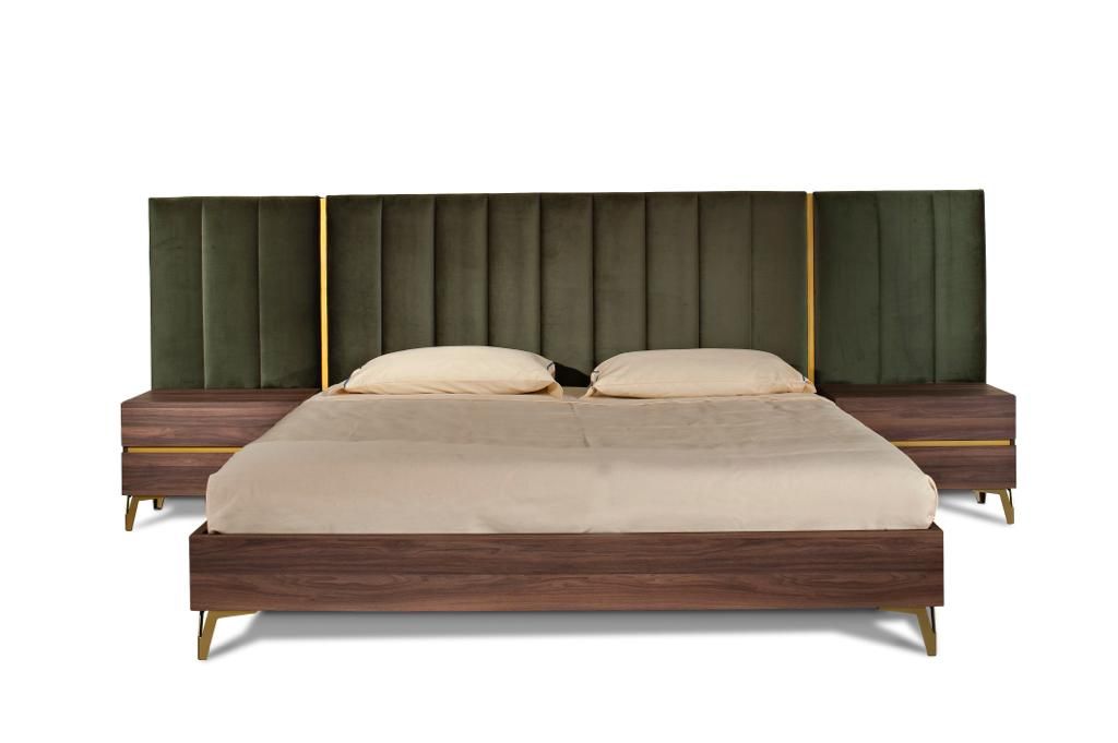 Queen Calabria Modern Walnut & Green Velvet Bedroom Set