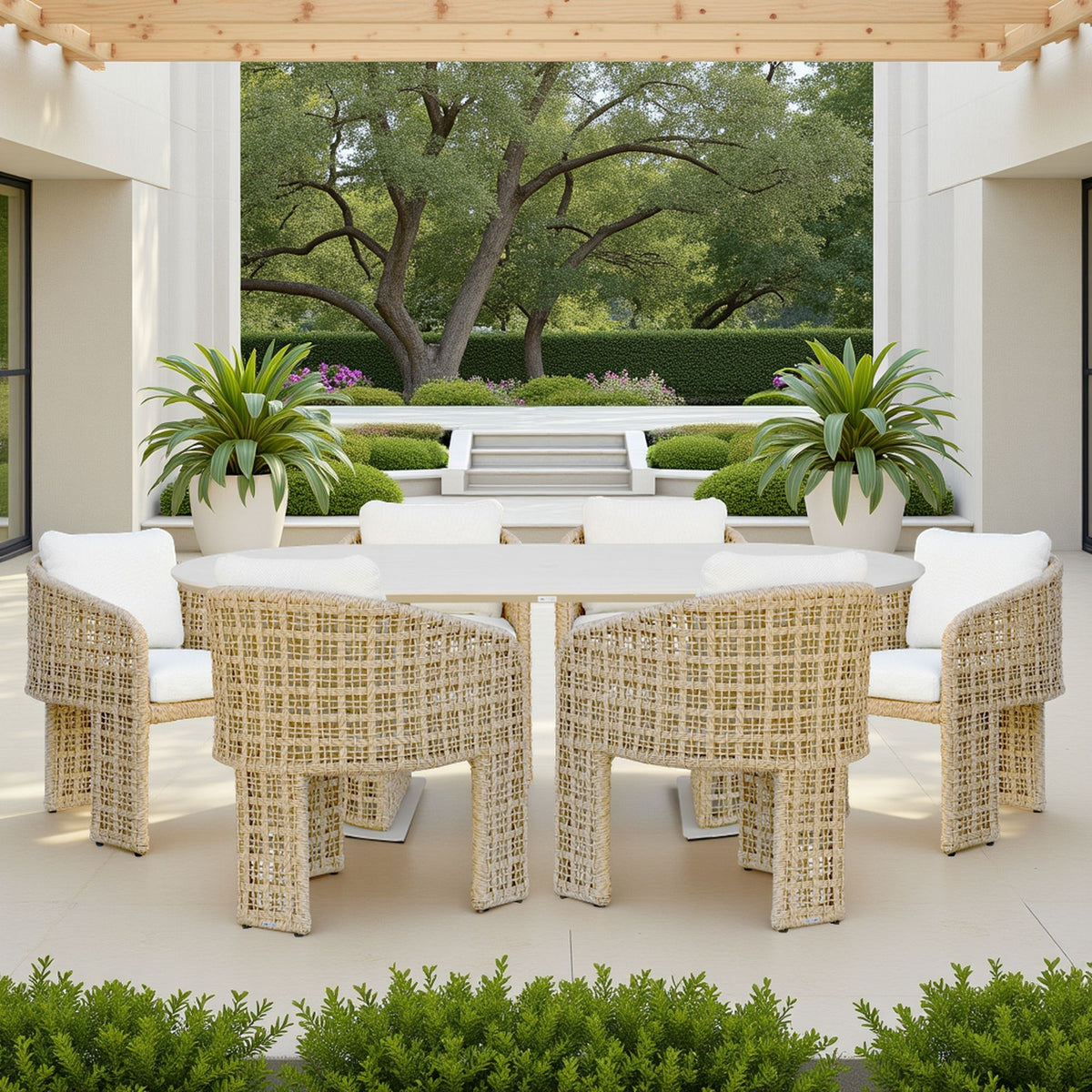 Driftbay - 7-Piece Coastal Rope Outdoor Dining Set - White / Natural