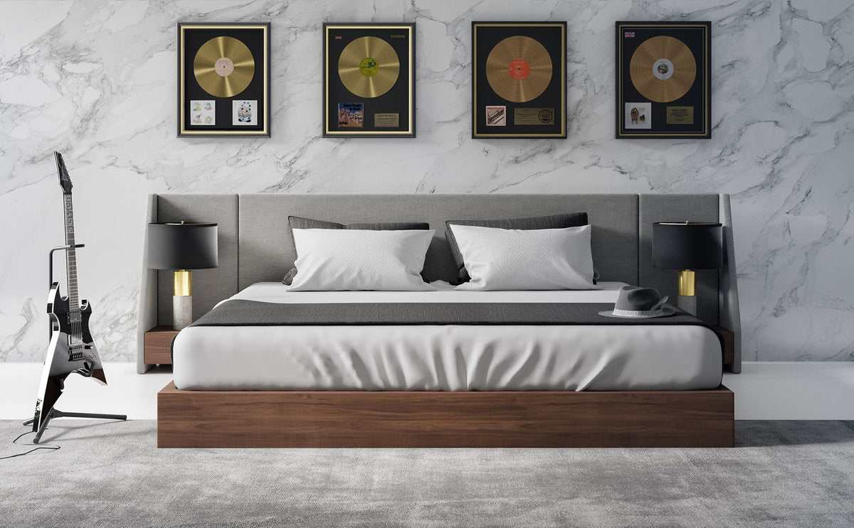Janice - Modern Grey Fabric and Walnut Bed and Nightstands by VIG Furniture - View 4