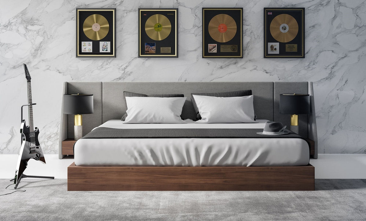 Janice - Modern Grey Fabric and Walnut Bed and Nightstands by VIG Furniture - View 1