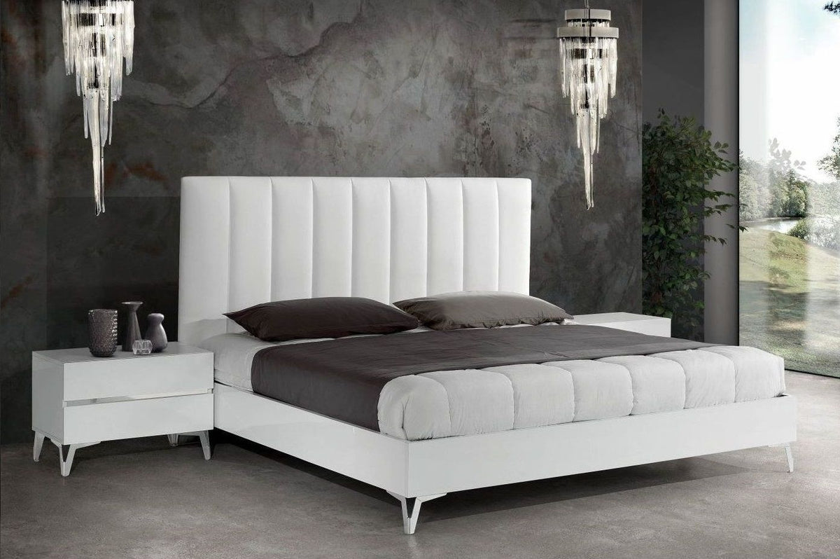 Angela - Queen Italian Modern White Eco Leather Bed w/ Nightstands