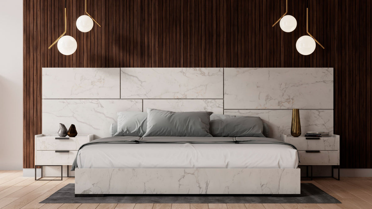 Eastern King Marbella - Italian Modern White Faux Marble 4-Piece Bedroom Set