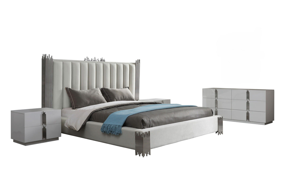 California King Token - Modern White + Stainless Steel 4-Piece Bedroom Set