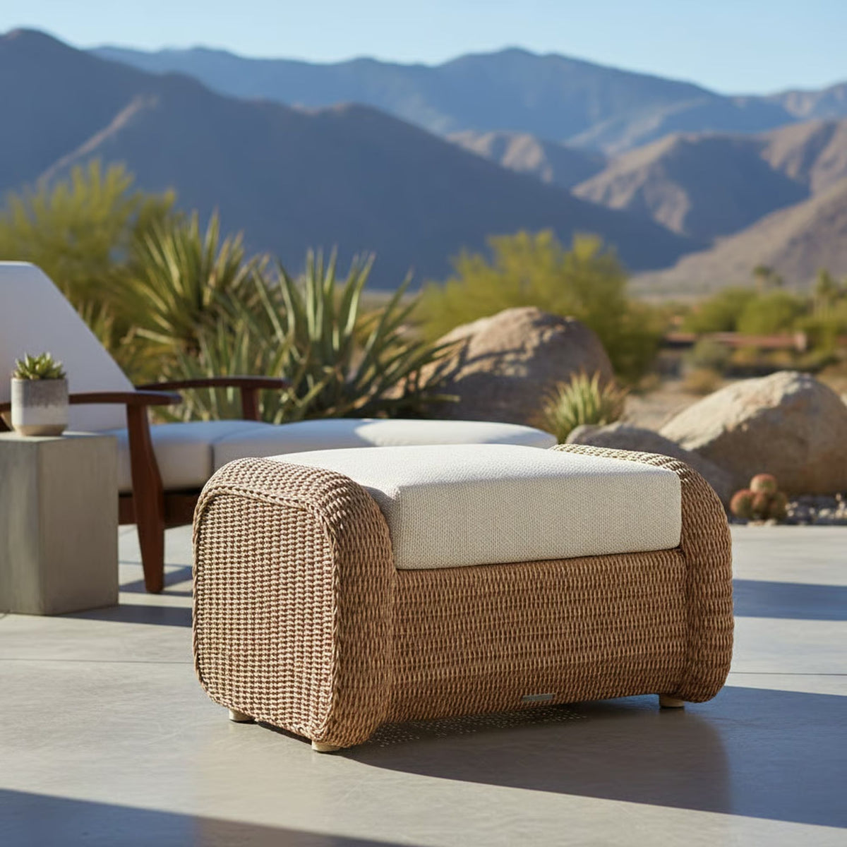 Pavilion - Rattan Outdoor Ottoman With Cushions - Boucle White / Natural