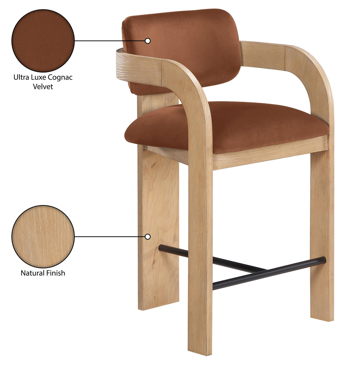 Cedra - Velvet Performance Fabric Upholstered Counter Stool - Cognac