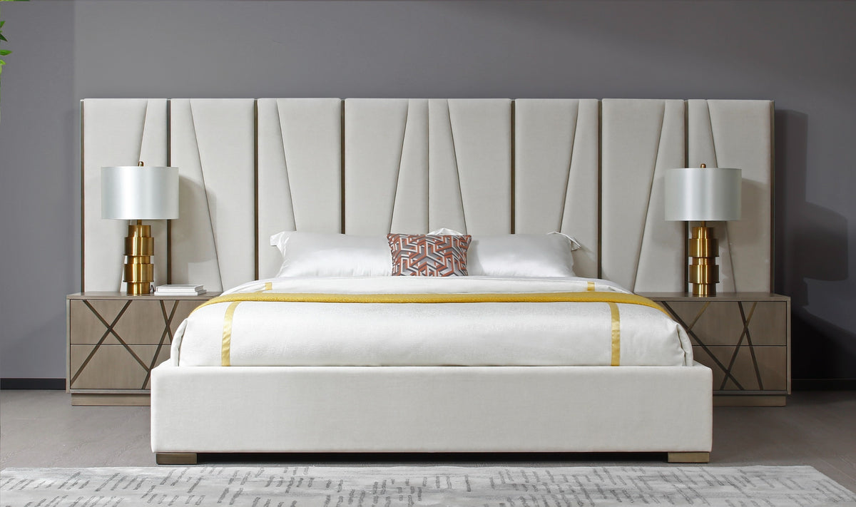Nixa - Modern Beige Velvet + Brushed Bronze + Birch Bed + Nightstands-eastern by VIG Furniture - View 1