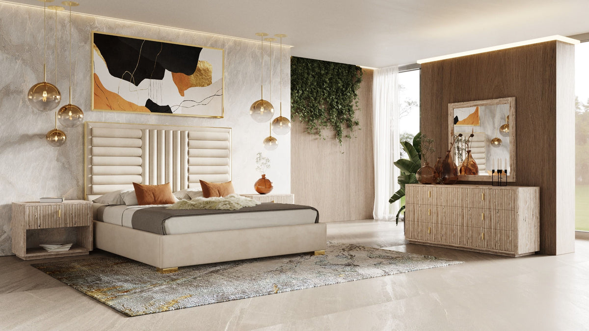 Queen - Daystar + Roma - Modern Beige Velvet + Travertine + Gold Bedroom Set
