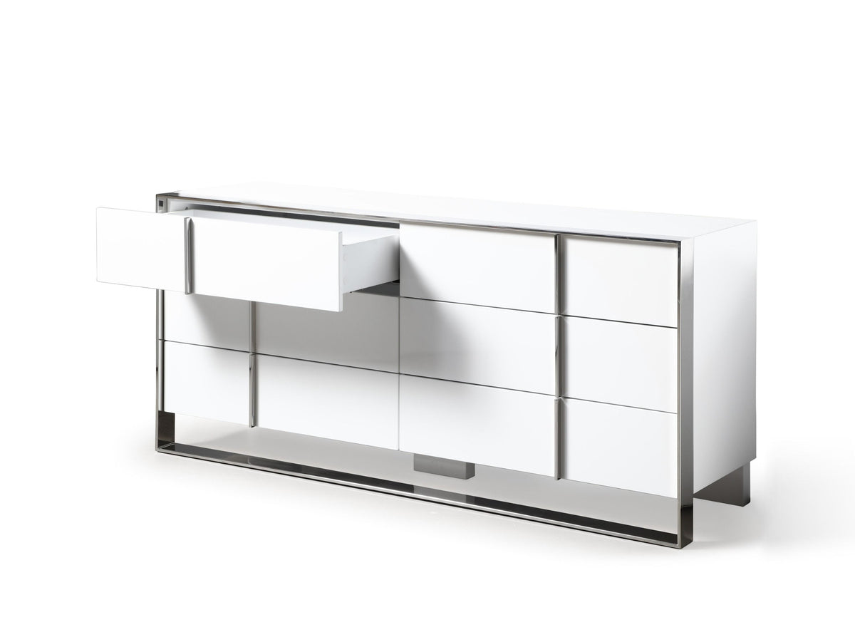 Eastern King Cartier - Modern White Vegan Leather + Stainless Steel Bedroom Set