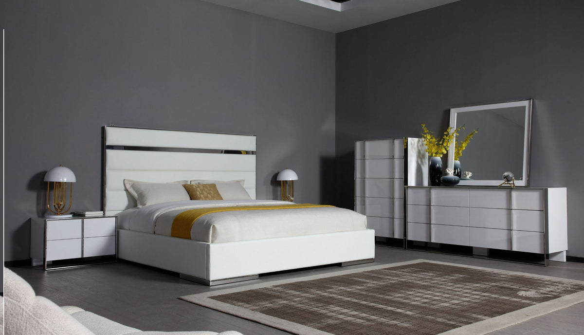 Queen Cartier - Modern White Vegan Leather + Stainless Steel Bedroom Set