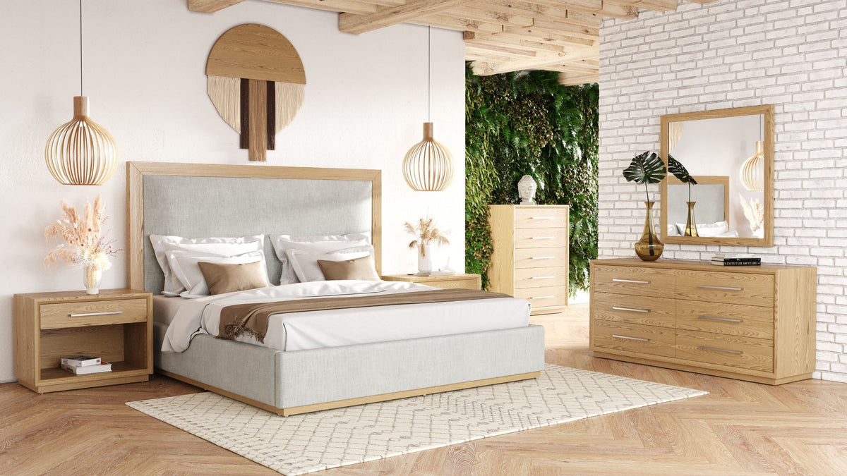 Queen Santa Barbara - Modern Grey Fabric + Natural Bedroom Set