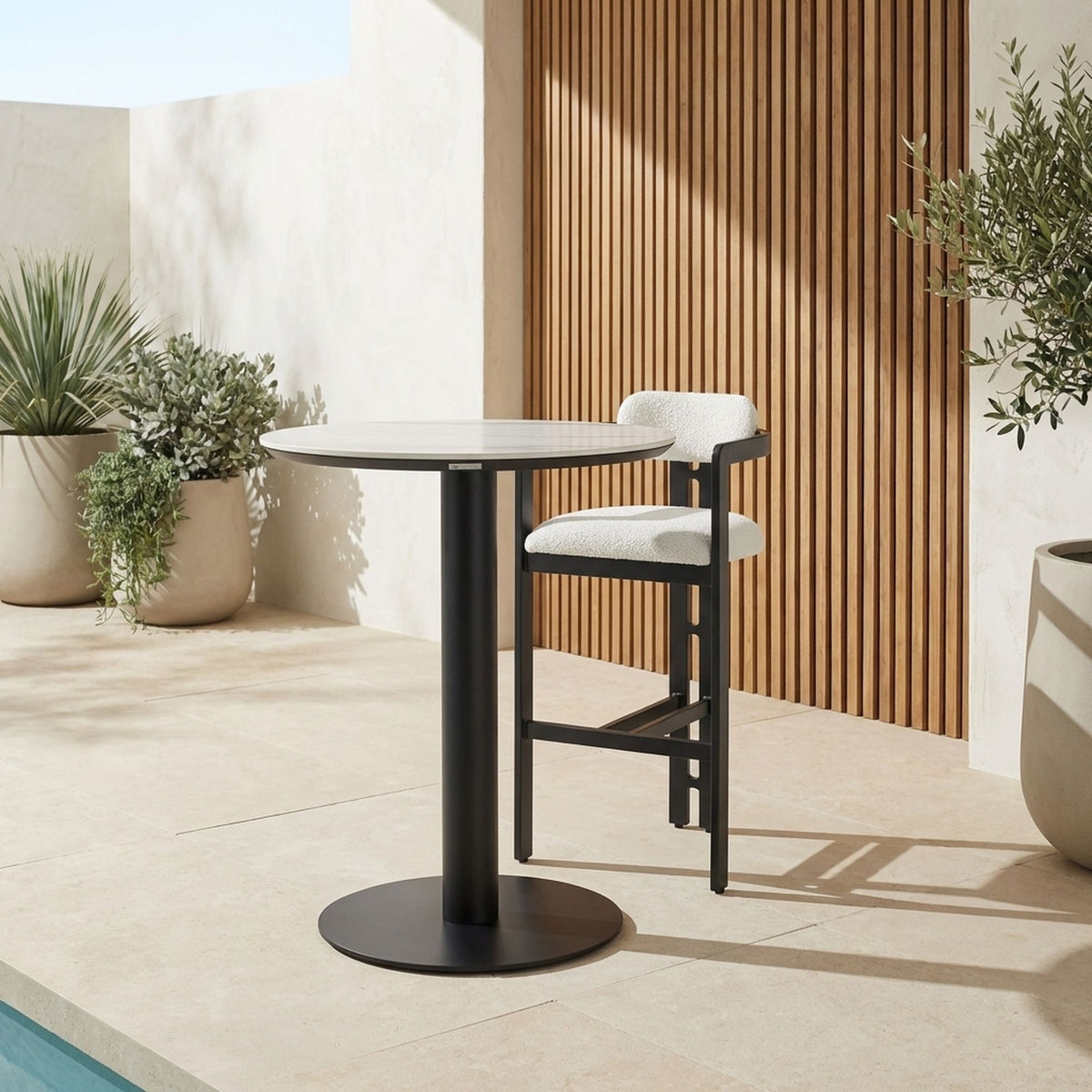 Jazmin - 40" Outdoor Round Sintered Stone Bar Table With Aluminum Pedestal Base - Black / White