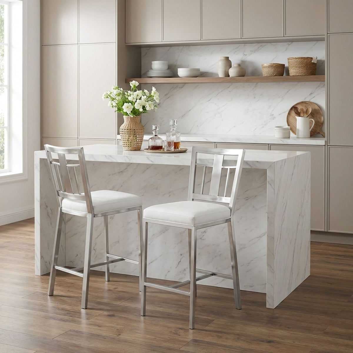 Celina - Counter Height Open Back Metal Barstool With Faux Leather Seat - White