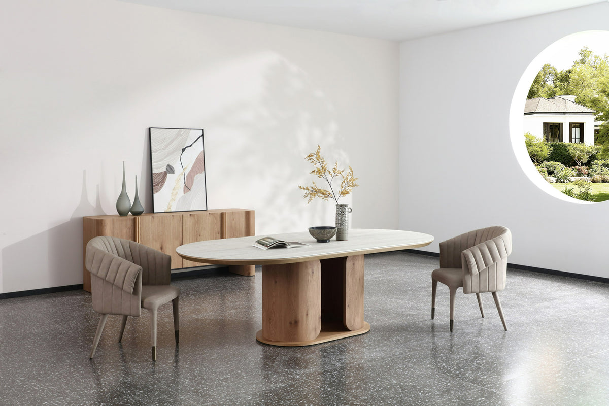 Walbrook - Modern Faux Travertine Ceramic + White Oak Oval Dining Table by VIG Furniture - View 2