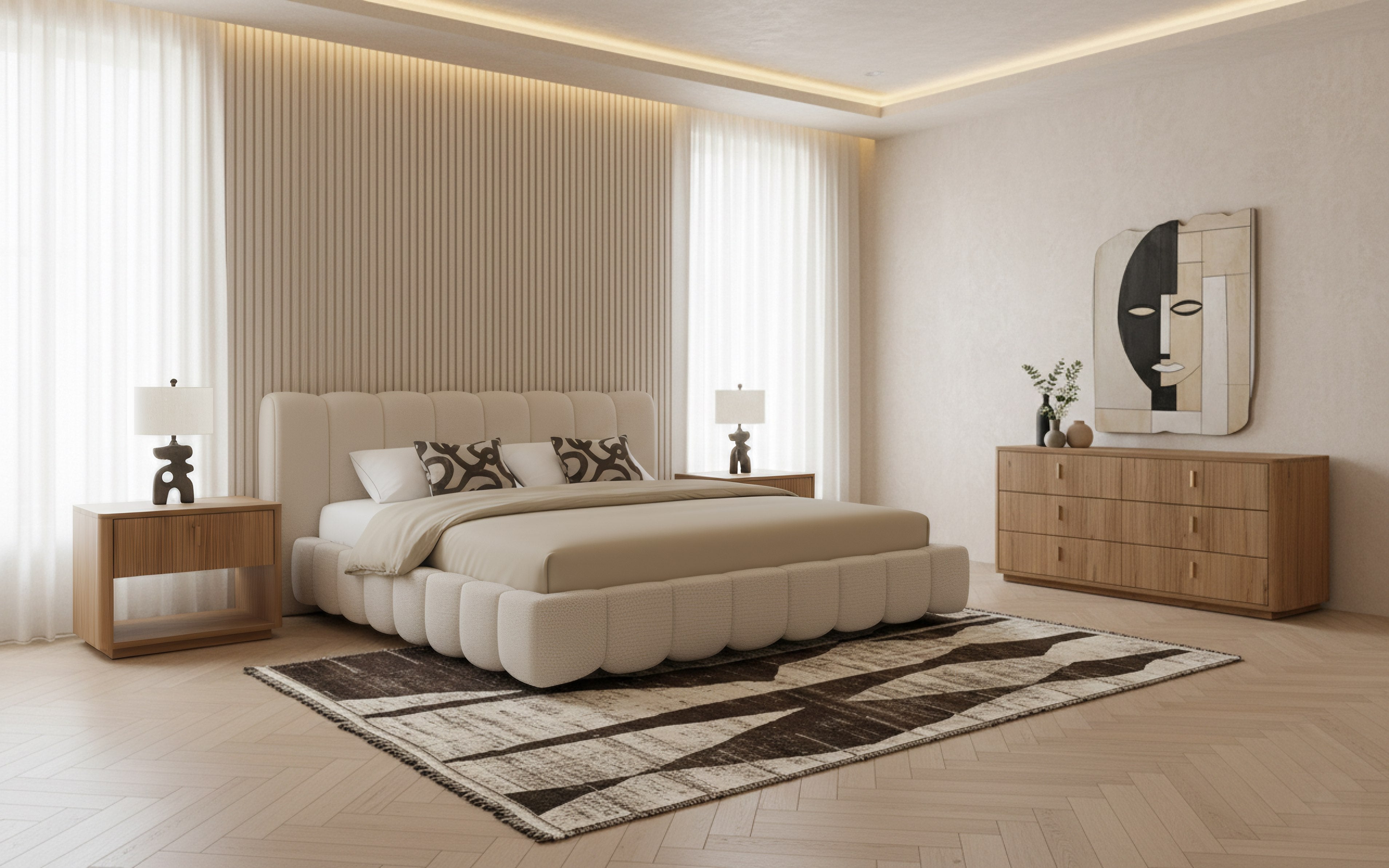 Eastern King Harris + Roma - Modern Off-White Fabric + Oak 4-Piece Bedroom Set by VIG Furniture - View 1