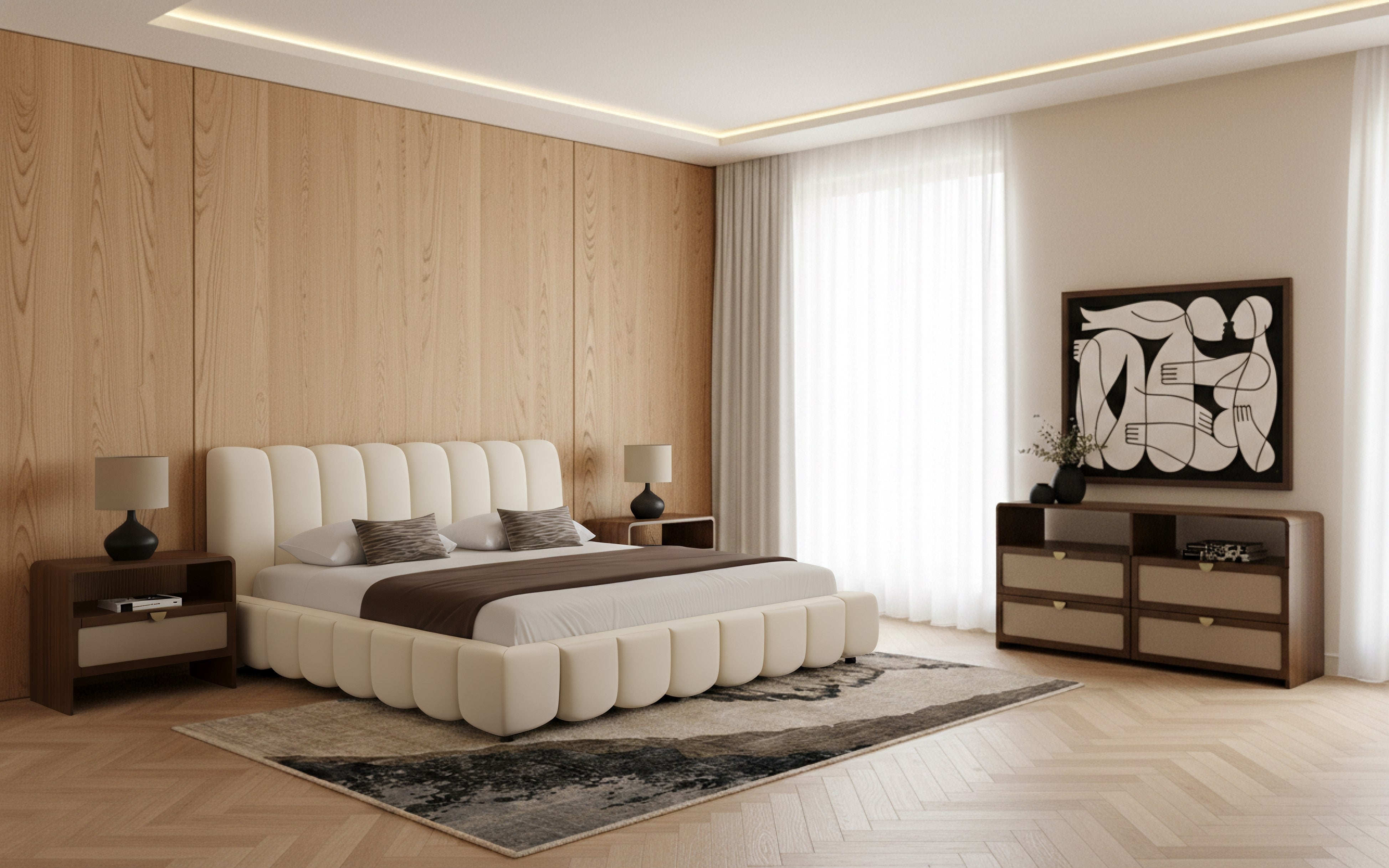 Eastern King Harris + Emilio - Modern Off-White Fabric + Burlap + Walnut 4-Piece Bedroom Set by VIG Furniture - View 1