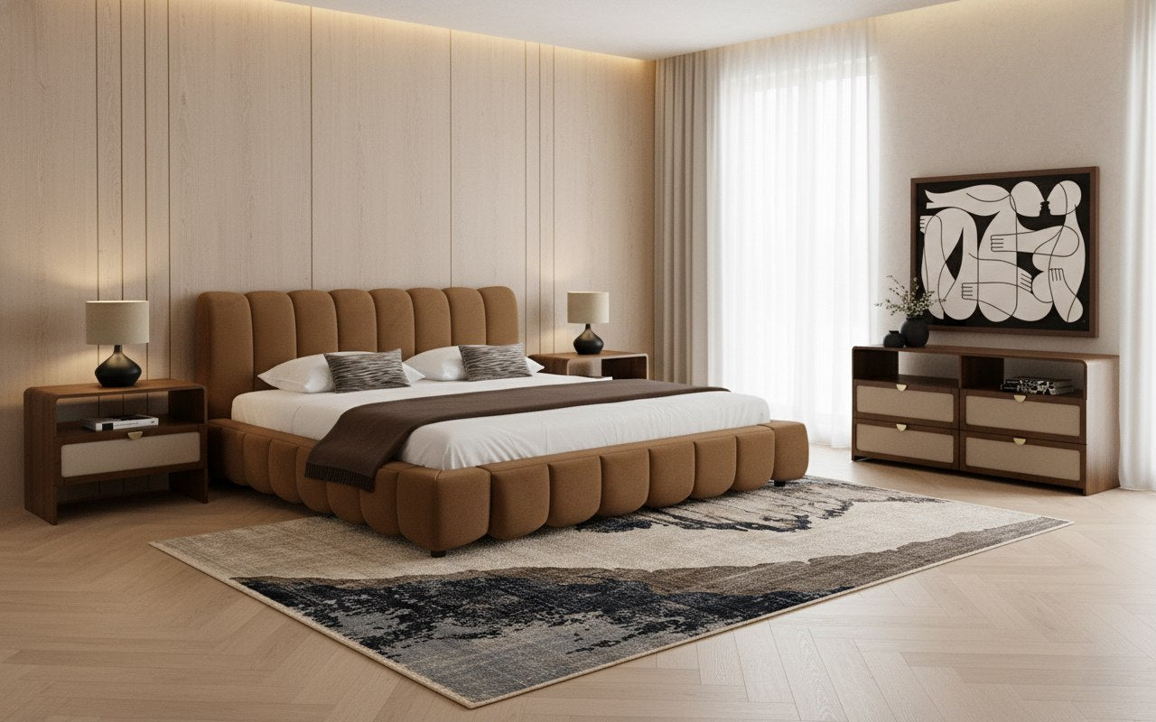 Eastern King Harris + Emilio - Modern Brown Fabric + Burlap + Walnut 4-Piece Bedroom Set by VIG Furniture - View 1
