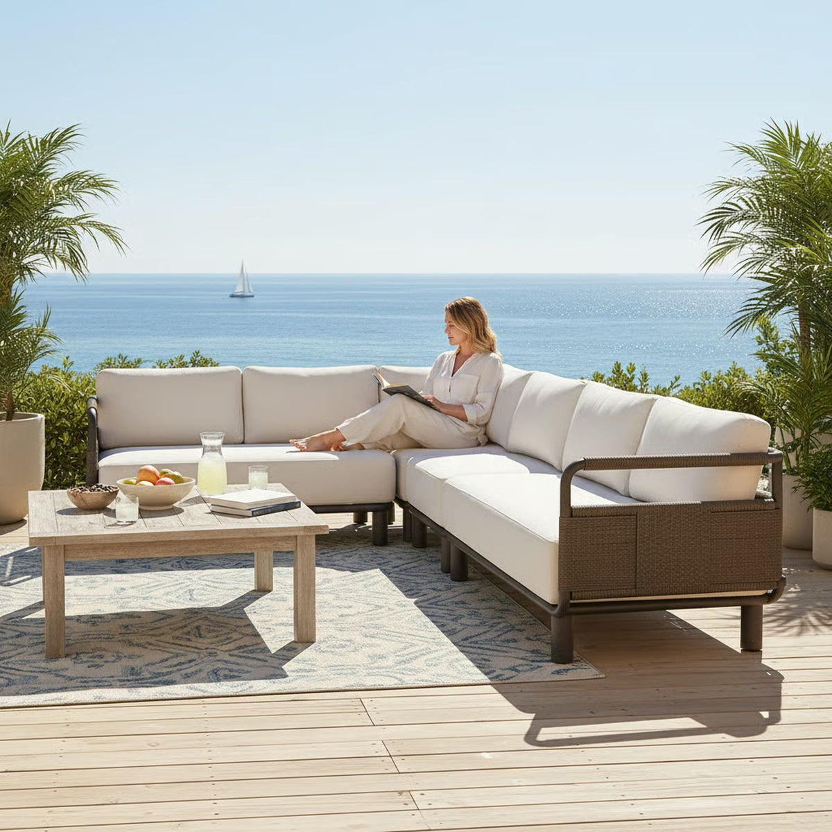 Brampton - Metal Outdoor Sectional With Cushions - Gray / Off White