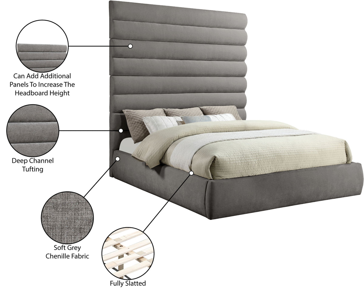 Adam - Chenille Fabric Bed With 89" Headboard
