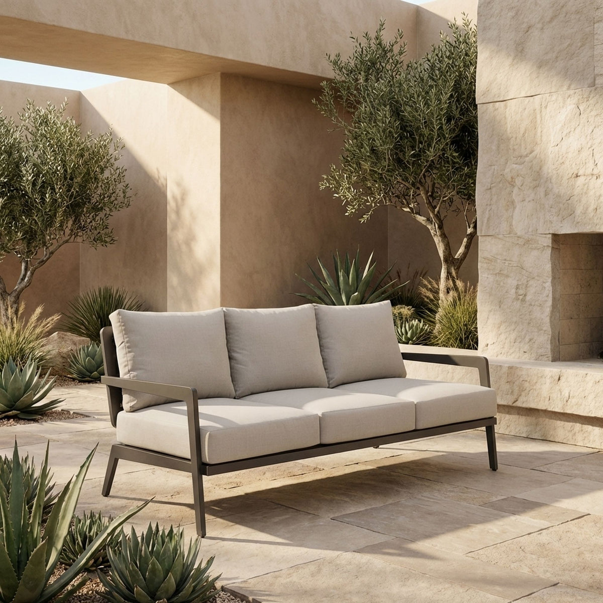 Avila - Outdoor Sofa With Woven Rattan Details Aluminum Frame And Cushions - Dark Bronze / Silver Ash
