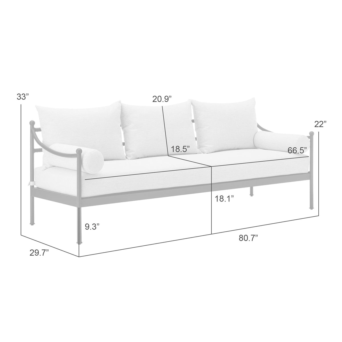 Leni - Outdoor 3 Seat Sofa With Cushions And Powder Coated Aluminum Frame - Moonveil / Warm Gray