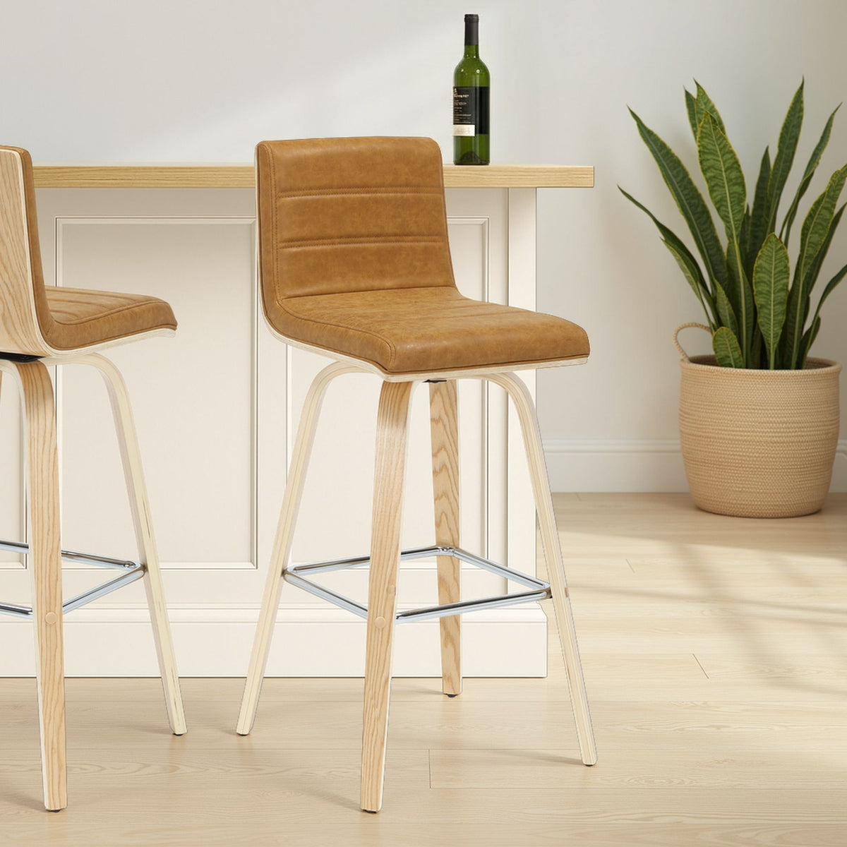 Vienna - 39.5" Swivel Bar Height Square Back Wood Bar Stool With Faux Leather Seat