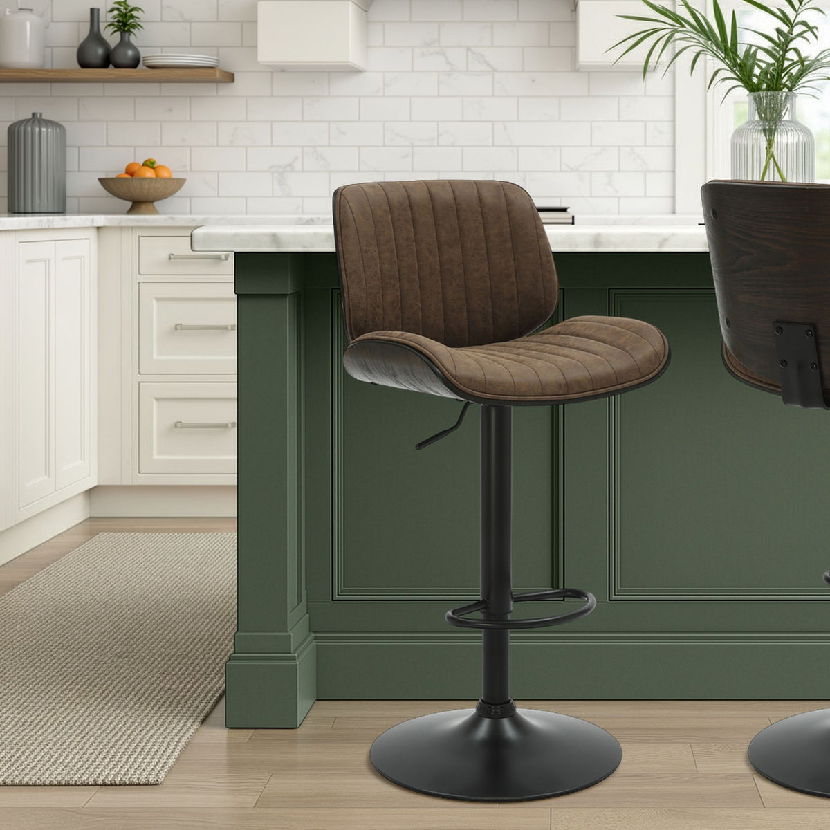Brock - Adjustable Swivel Curved Back Wood Bar Stool With Faux Leather Seat