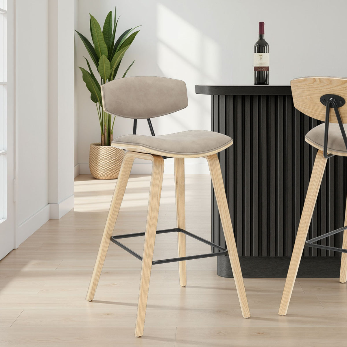 Fox - Bar Height Curved Back Wood Bar Stool With Faux Leather Seat