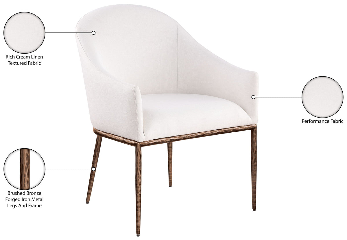 Ferro - Linen Textured Performance Fabric Upholstered Dining Arm Chair - Cream / Brushed Bronze