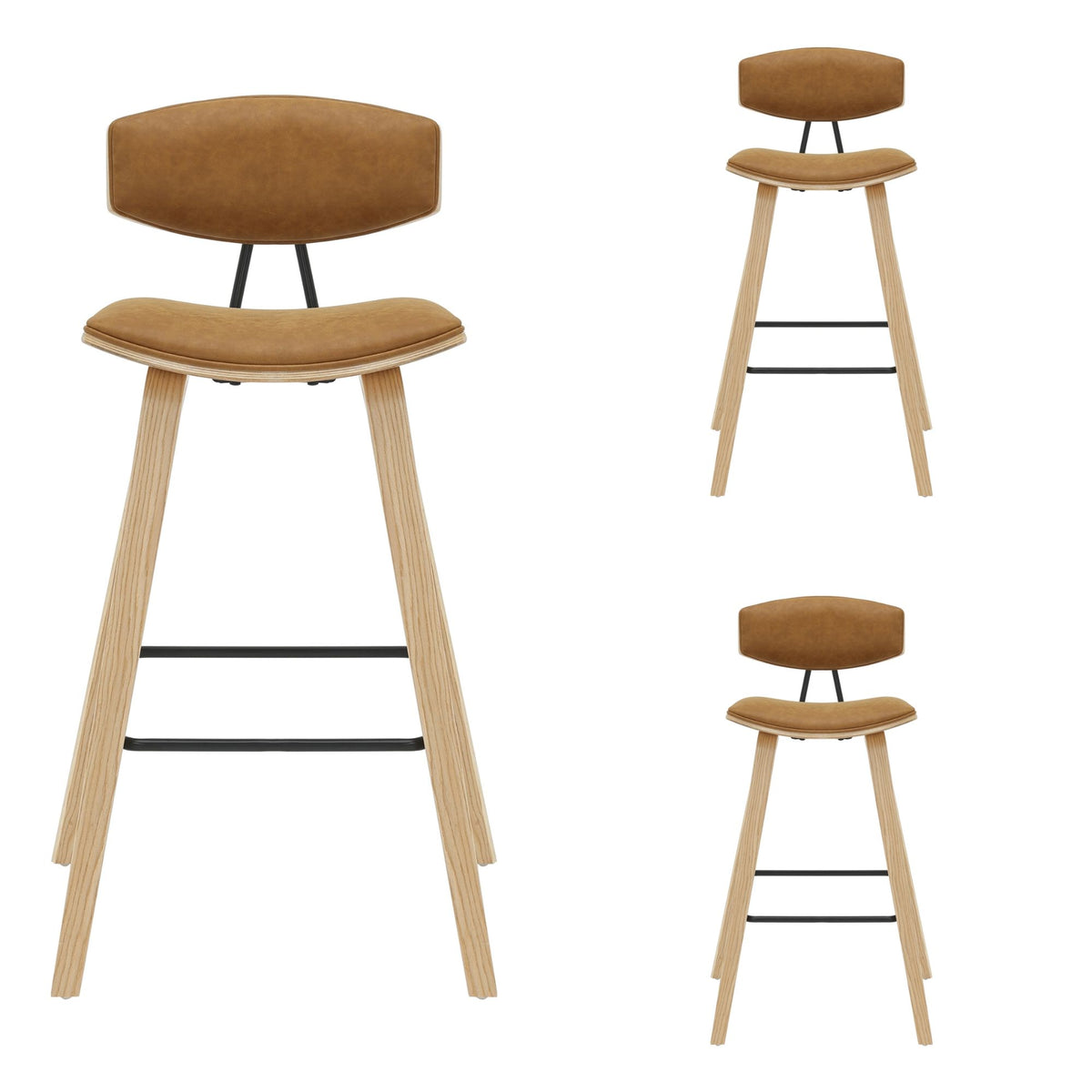 Fox - Bar Height Curved Back Wood Bar Stool With Faux Leather Seat