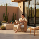 Driftbay - Metal Outdoor Swivel Lounge Chair With Cushions - Boucle White / Natural