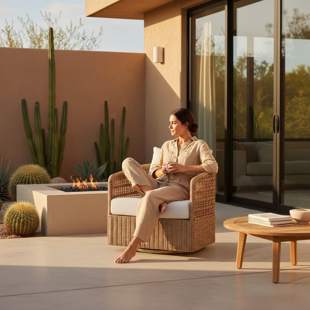 Driftbay - Metal Outdoor Swivel Lounge Chair With Cushions - Boucle White / Natural
