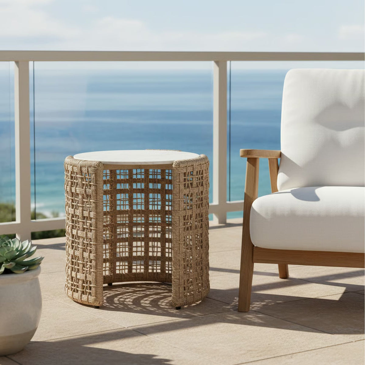 Driftbay - Rattan Round Outdoor Side Table With Sintered Stone Table Top - Natural