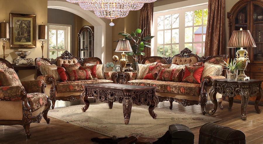 Luxurious living room with ornate furniture and decorative elements.