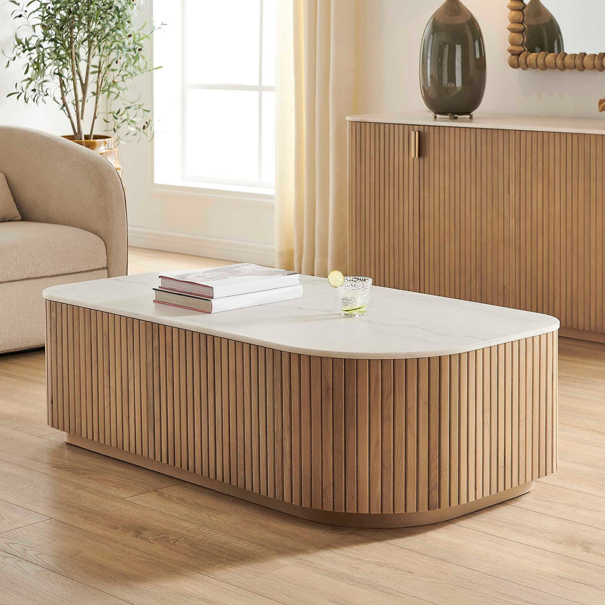 Arik - Marble Top Coffee Table - White / Woodtone