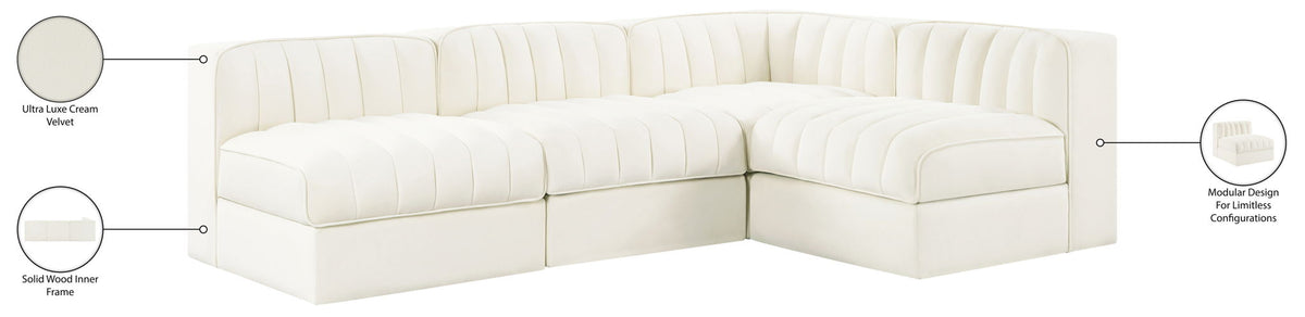 Rummi - Armless Velvet Performance Fabric Upholstered 4 Piece Modular Sectional