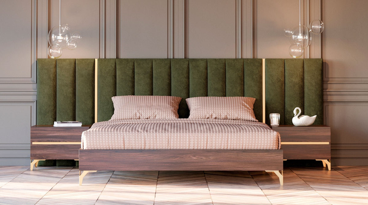 Calabria Modern Walnut & Green Velvet Bed & Nightstands by VIG Furniture - View 6