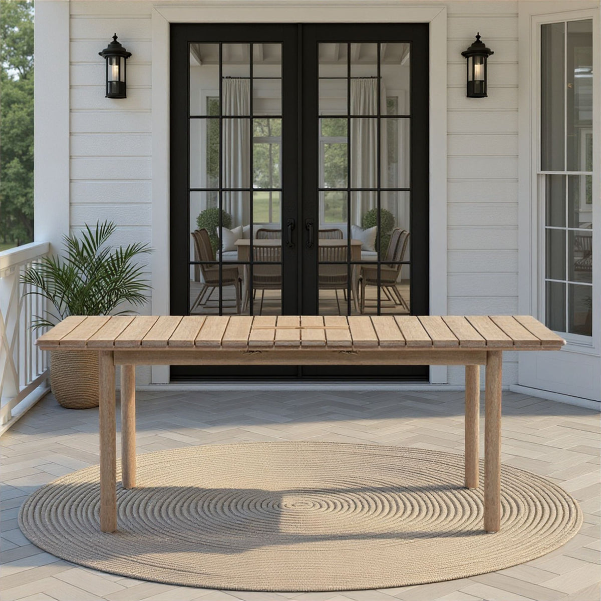 Balmor - 79" Rectangular Extendable Outdoor Dining Table, Seats 6 - Wire-Brushed Natural Eucalyptus