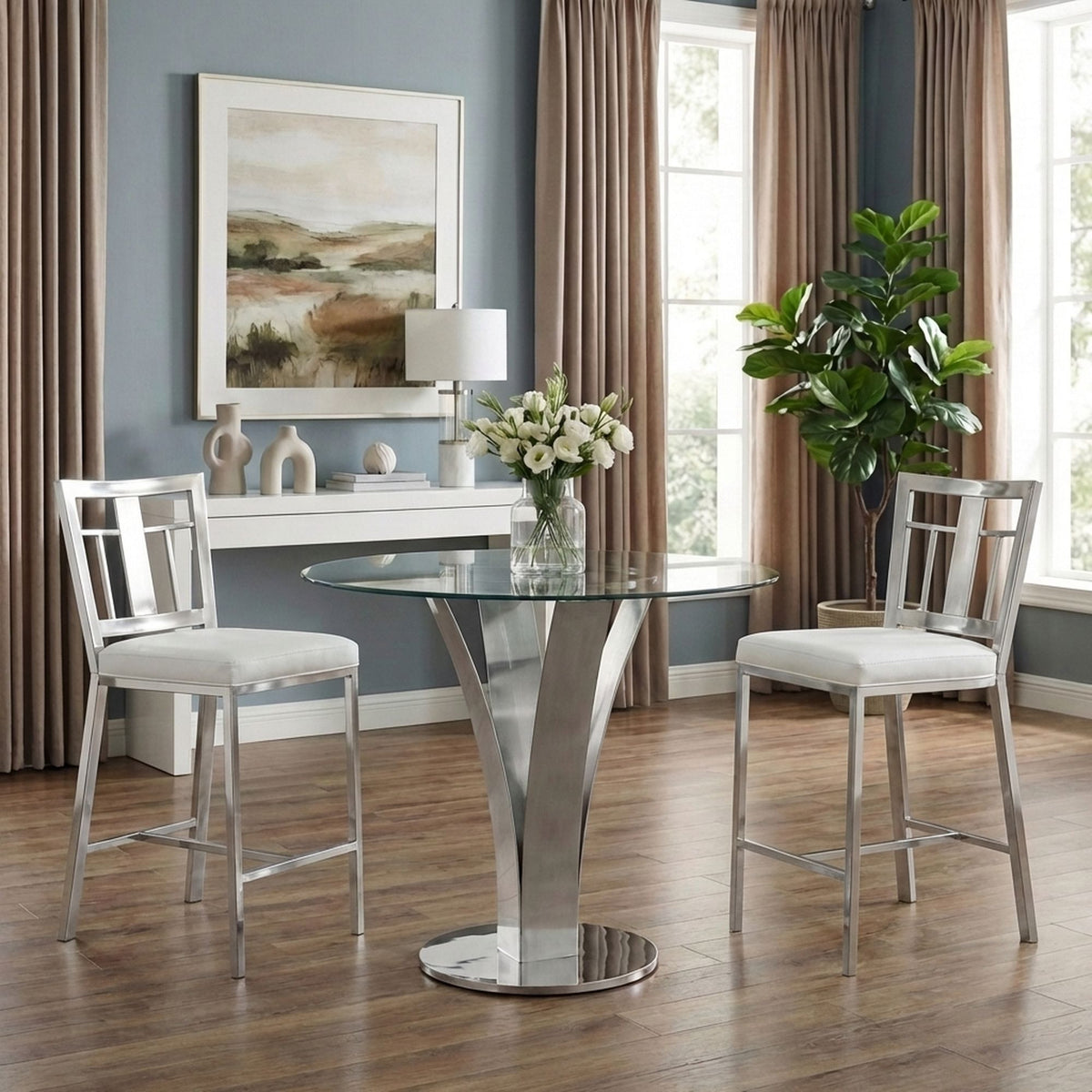 Celina - Modern Contemporary Round Tempered Glass 48" Pedestal Base Dining Table Seats Up To 4 - Shiny Nickel