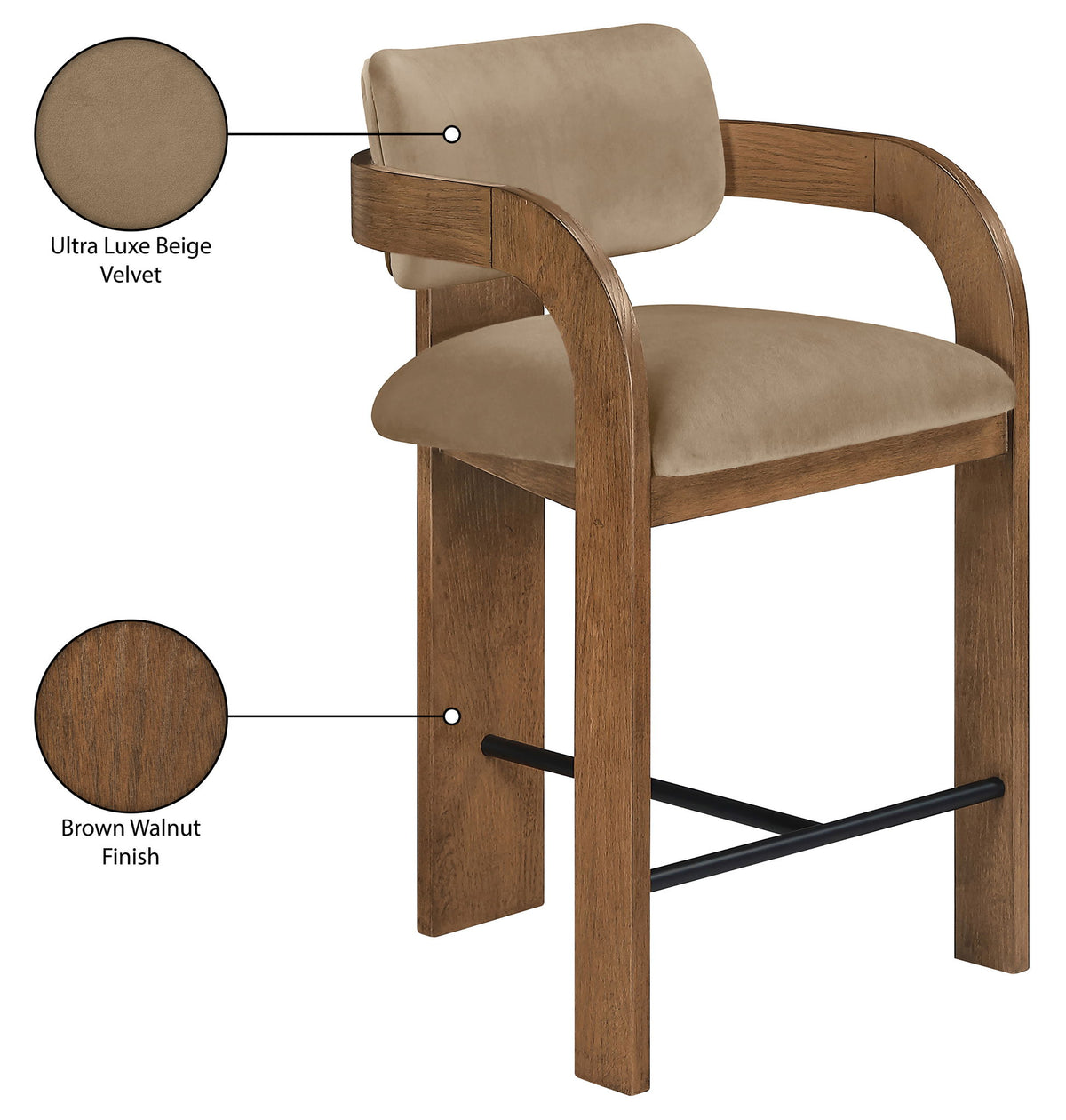 Cedra - Velvet Performance Fabric Upholstered Counter Stool - Brown Frame