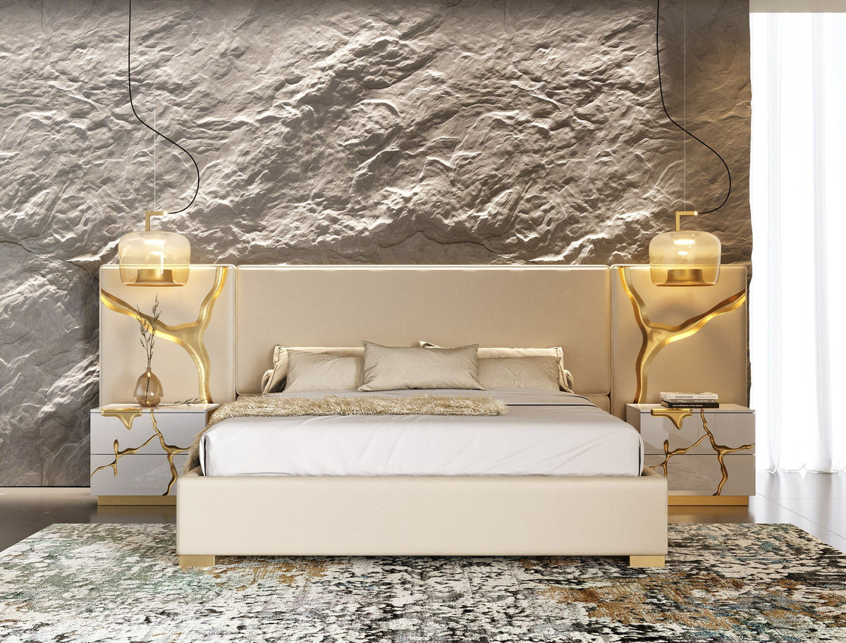 Eastern King - Aspen - Modern Beige + White + Gold Bedroom Set