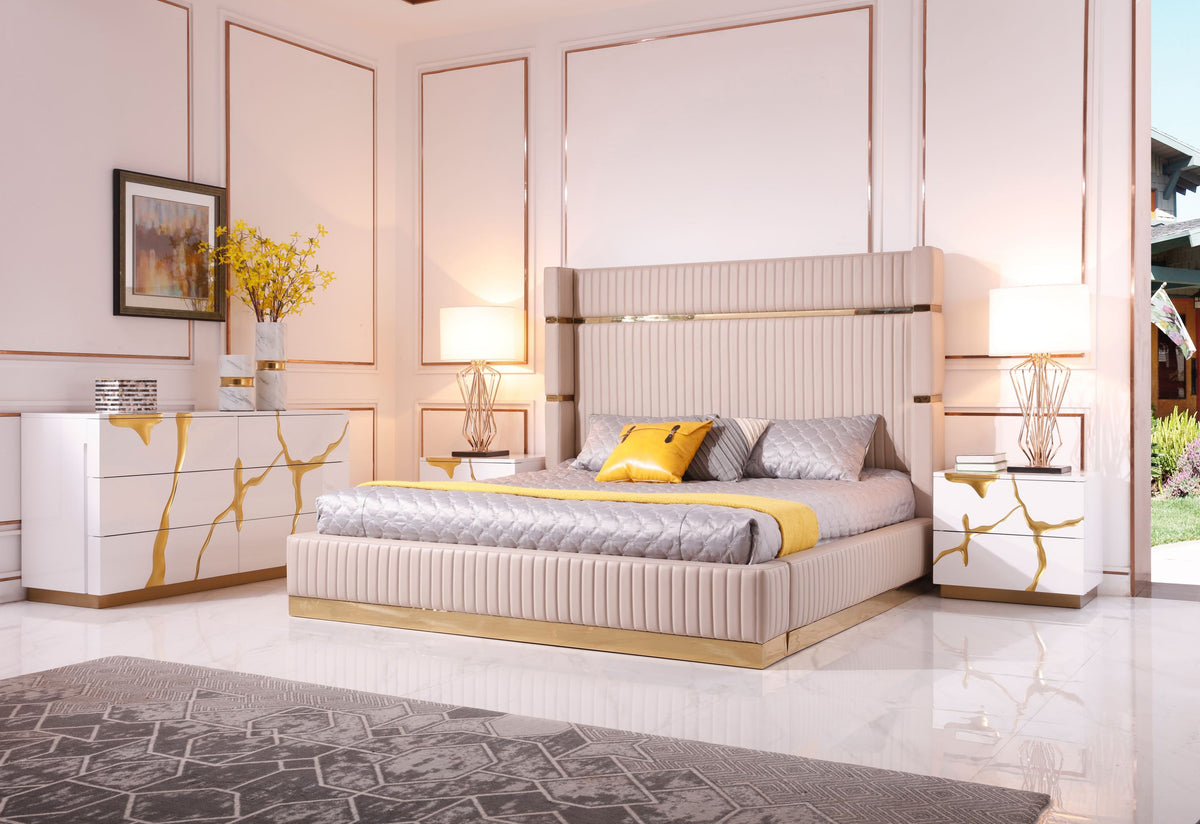 Sterling - Eastern King Modern Beige + Rose Gold Bed + Nightstands by VIG Furniture - View 1