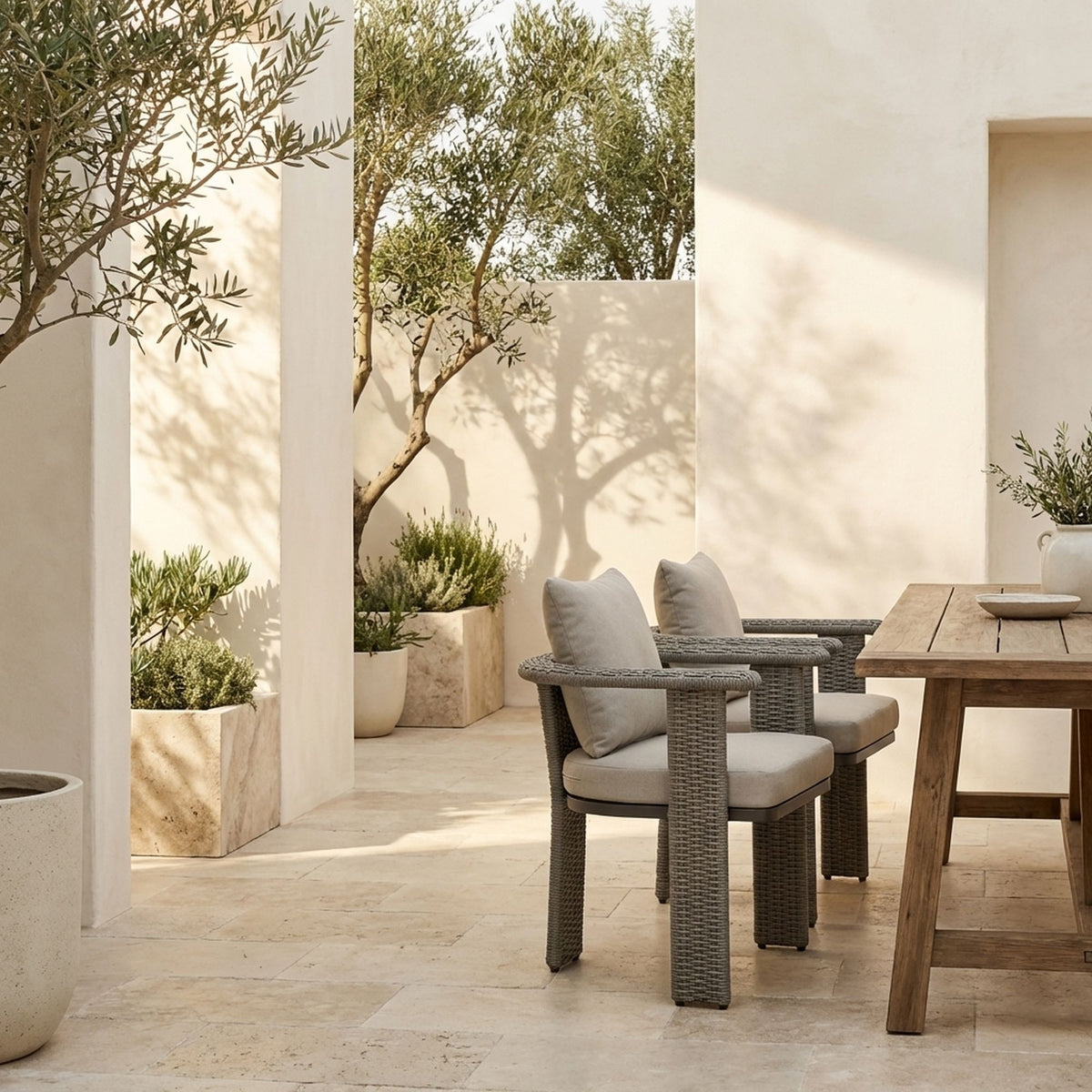 Ciela - Outdoor Dining Chair With Rattan Trim Aluminum Frame And Clouded Taupe Cushion (Set of 2) - Dark Bronze / Gray