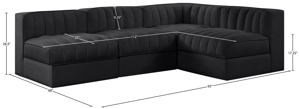 Rummi - Armless Velvet Performance Fabric Upholstered 4 Piece Modular Sectional