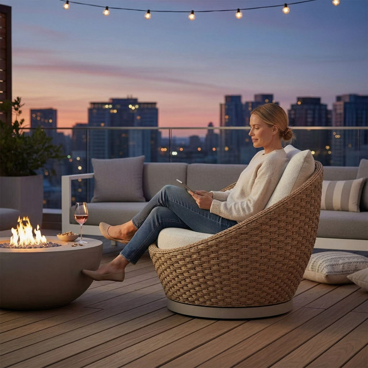 Kobalt - Metal Outdoor Swivel Lounge Chair With Cushions - Boucle White / Natural