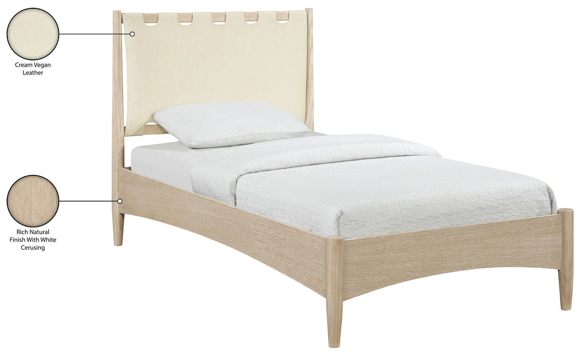 Santos - Vegan Leather Headboard And Wood Bed - Waxed Natural Frame