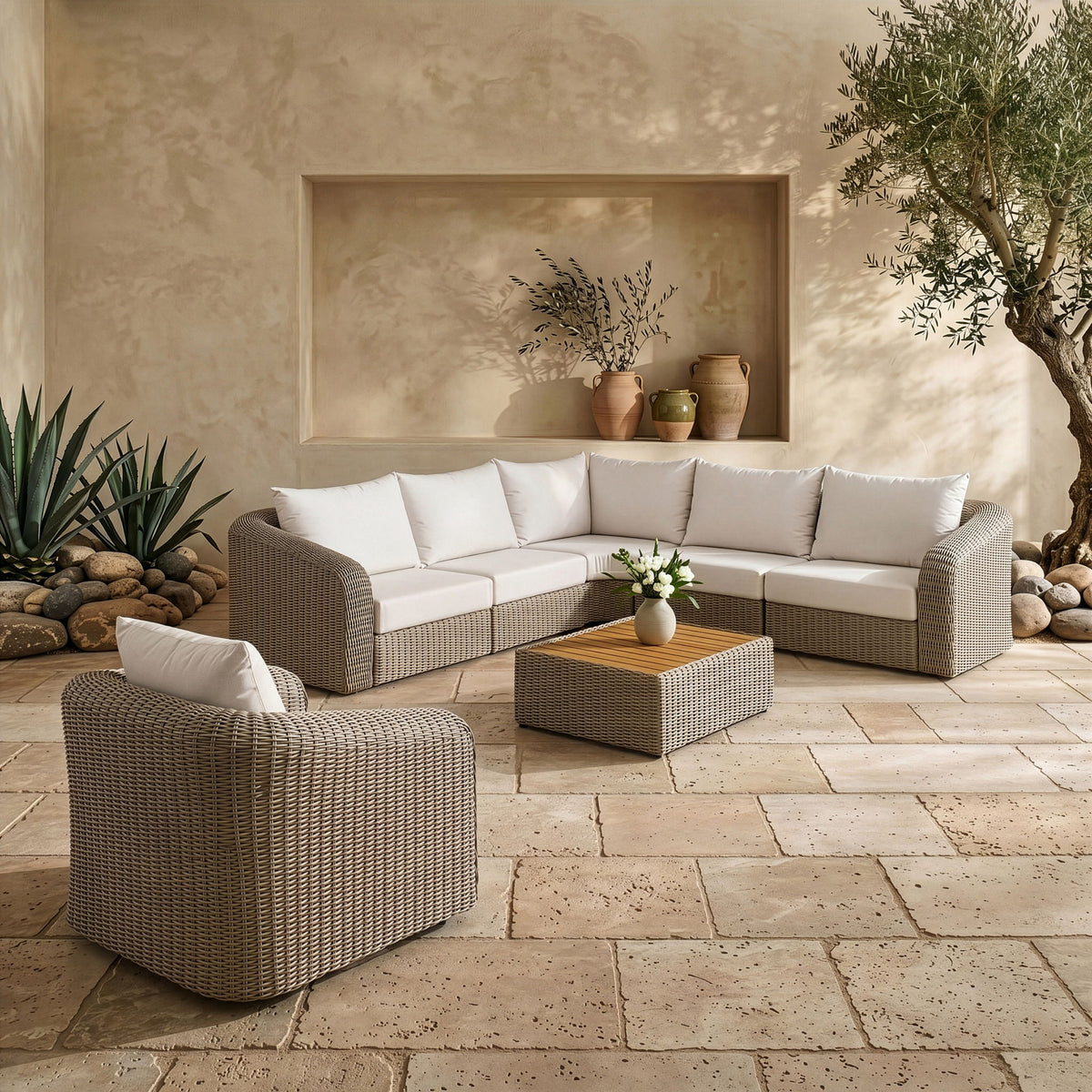 Seacrest - 123.25" Olefin Water Resistant Fabric And Wicker 5 Piece Outdoor Patio Modular Sectional