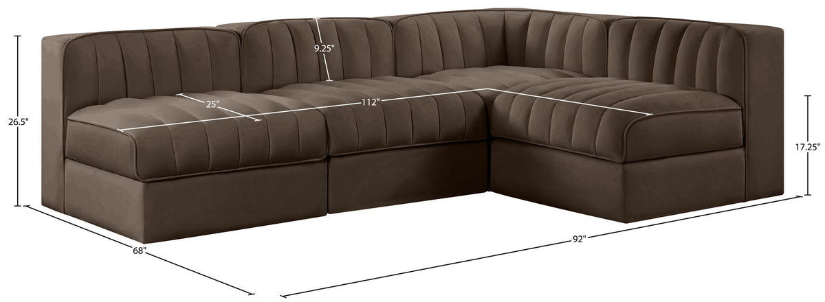 Rummi - Armless Velvet Performance Fabric Upholstered 4 Piece Modular Sectional
