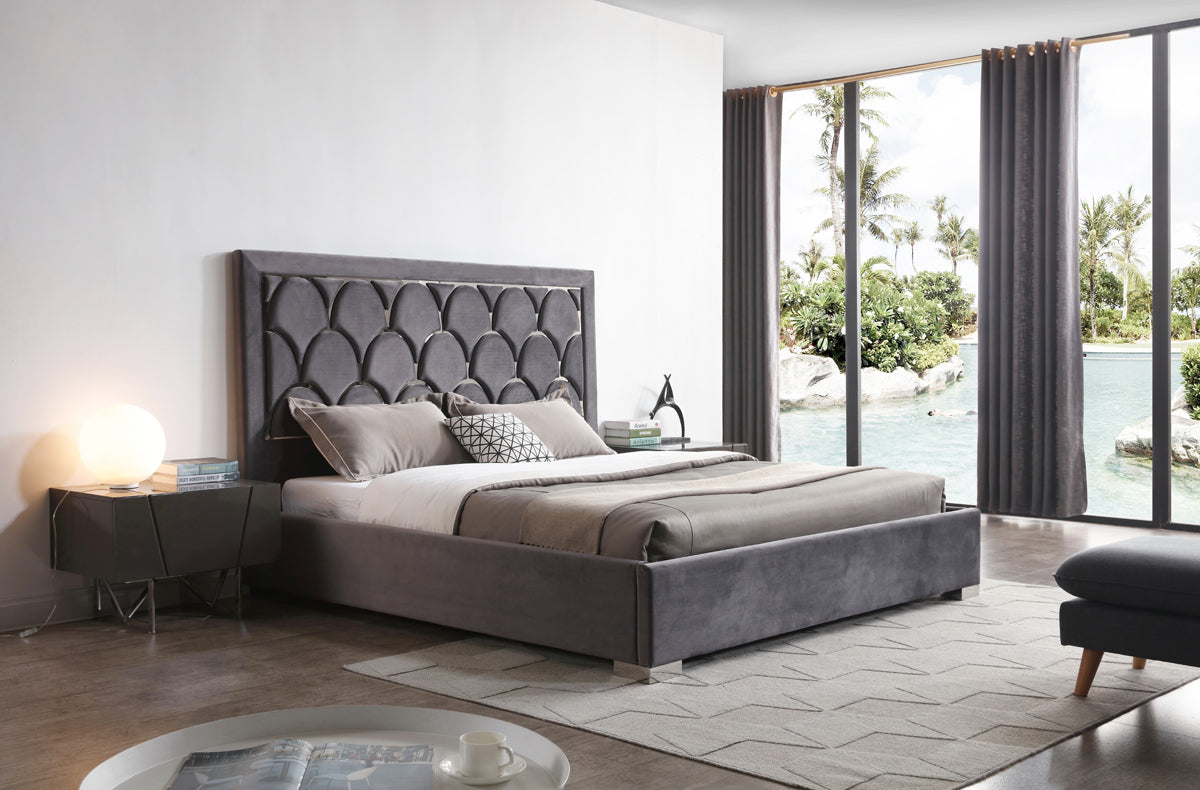 Eastern King Audrey Modern Grey Velvet & Stainless Steel Bed by VIG Furniture - View 1