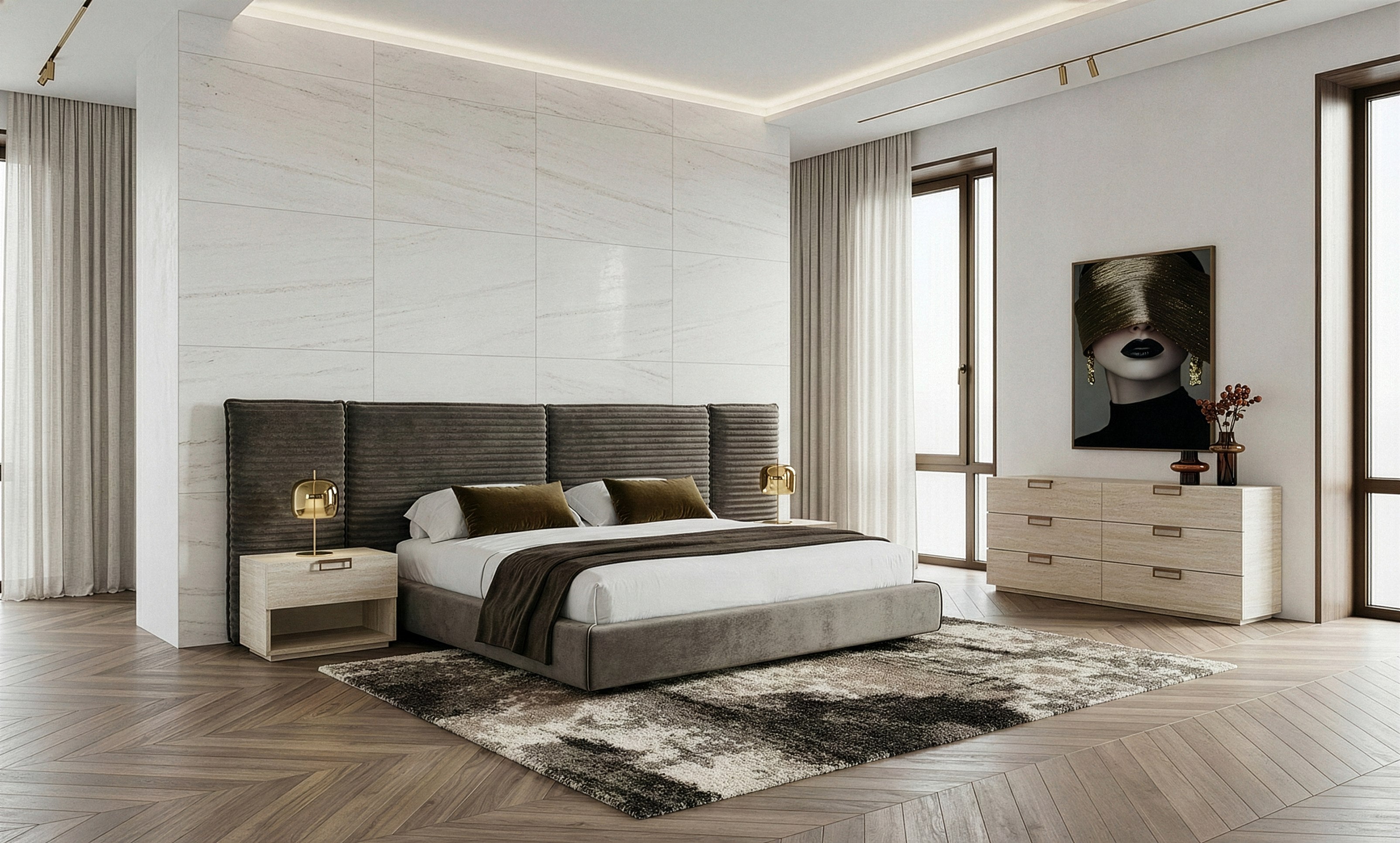 Eastern King Breslow + Lago - Modern Dark Taupe Fabric + Faux Travertine 4-Piece Bedroom Set by VIG Furniture - View 1