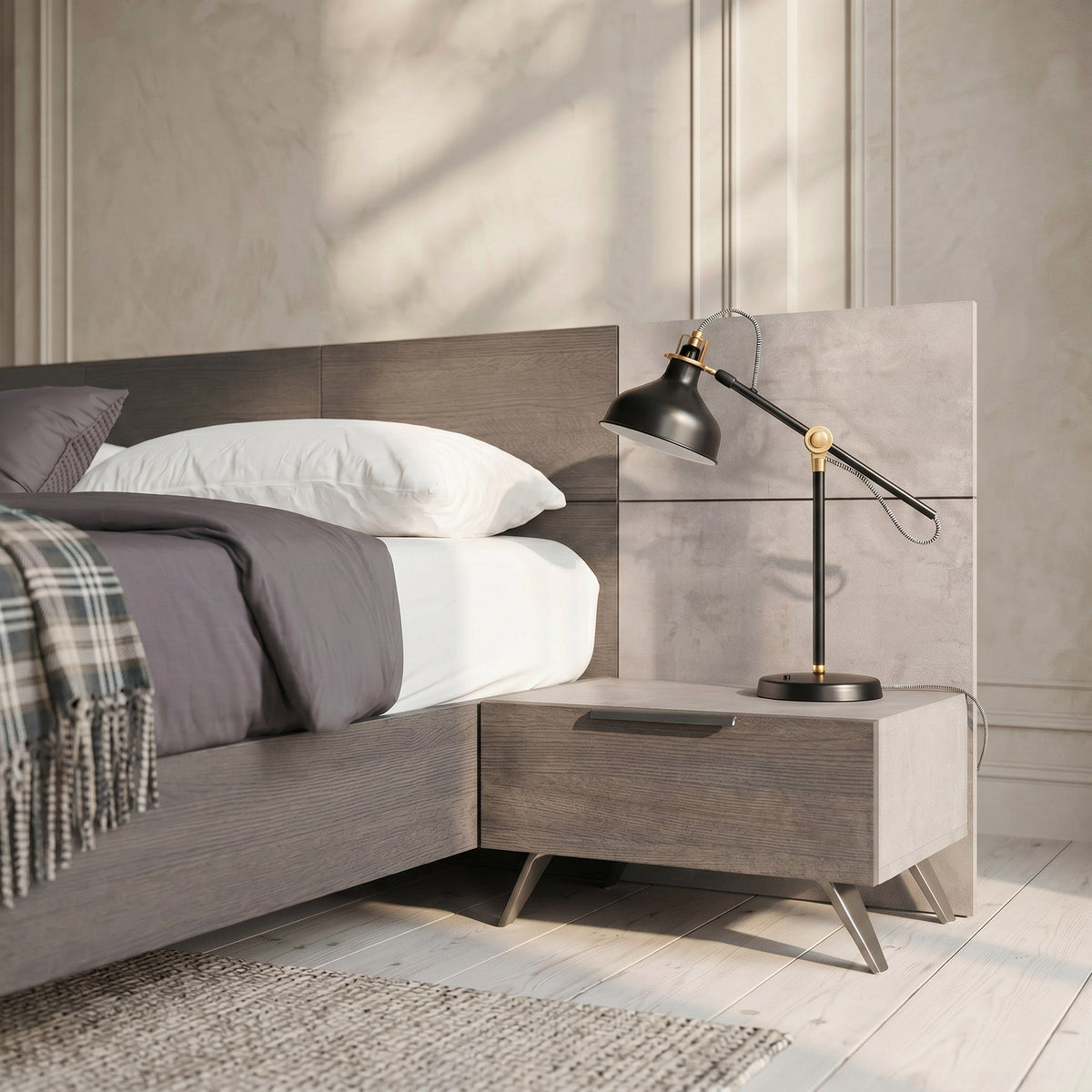 Eastern King Bronx Italian Modern Faux Concrete & Grey Bed + 2 Nightstands Set